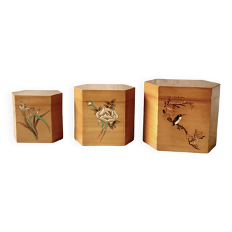 Set of 3 old stackable lacquered wooden boxes