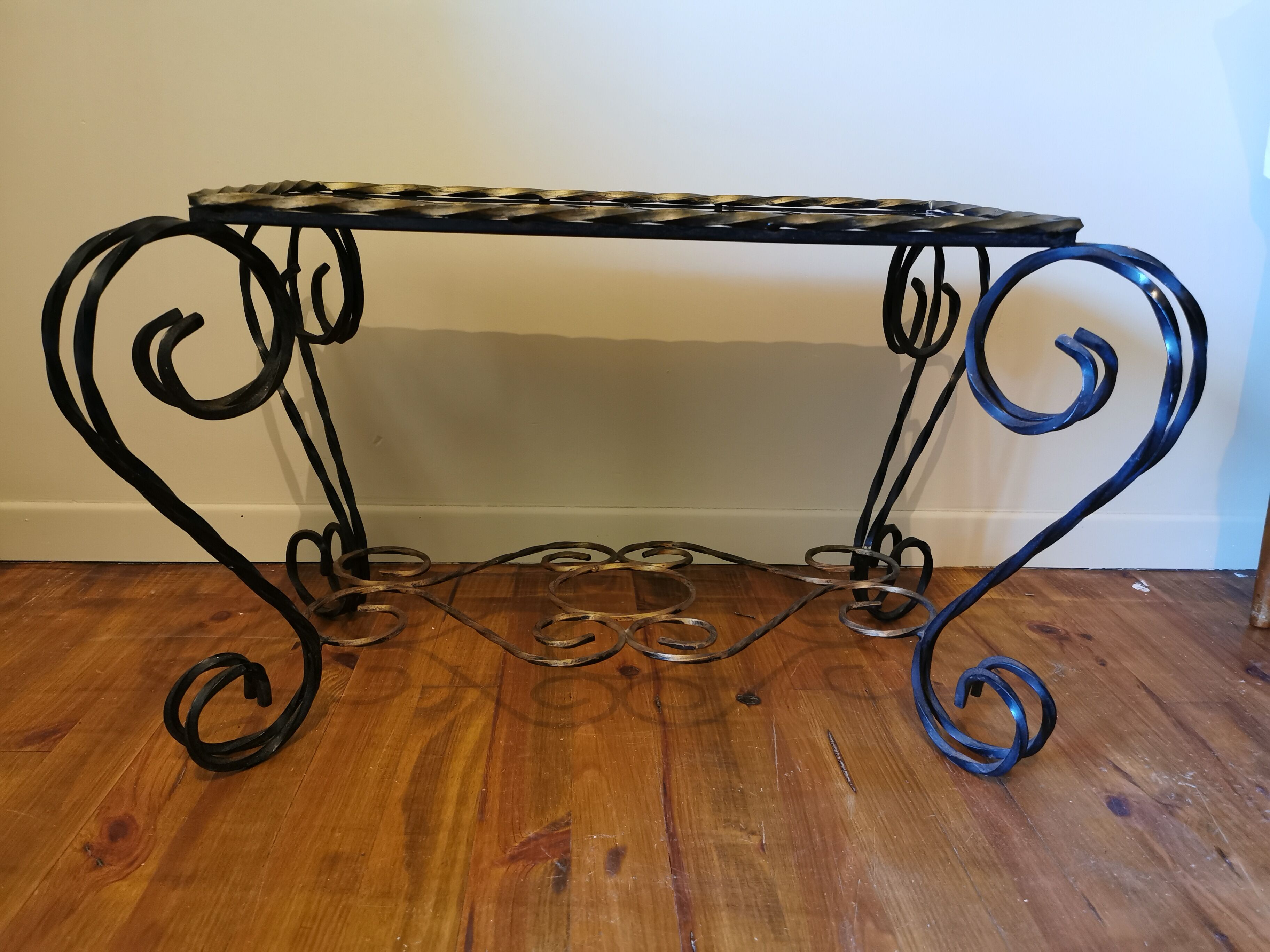 Vintage coffee table wrought iron and black and gold ceramic