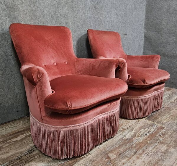 Paire de fauteuils crapauds en velours rose – époque Napoléon III