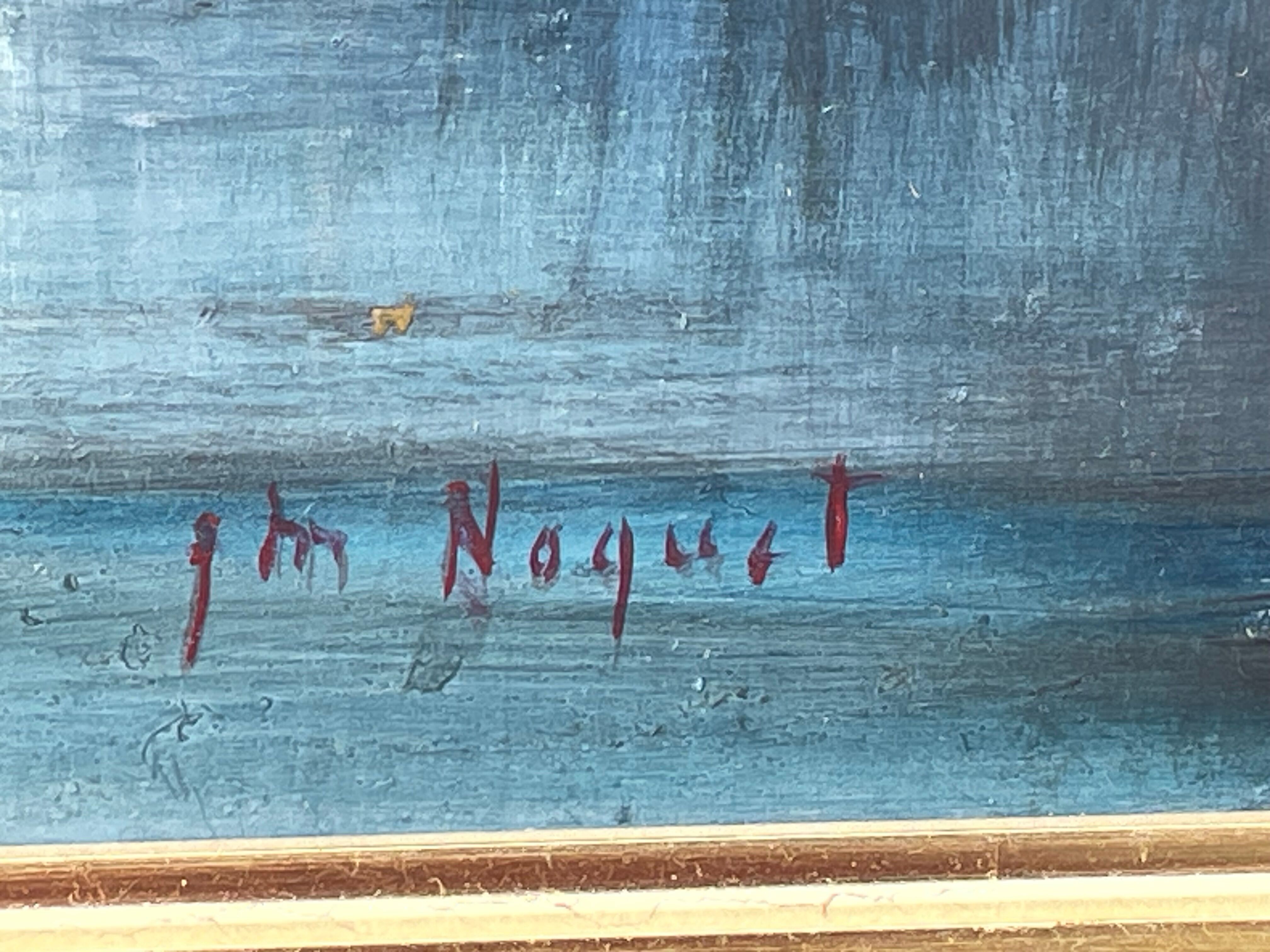 Oil on animated marine panel, moored boats signed Noquet