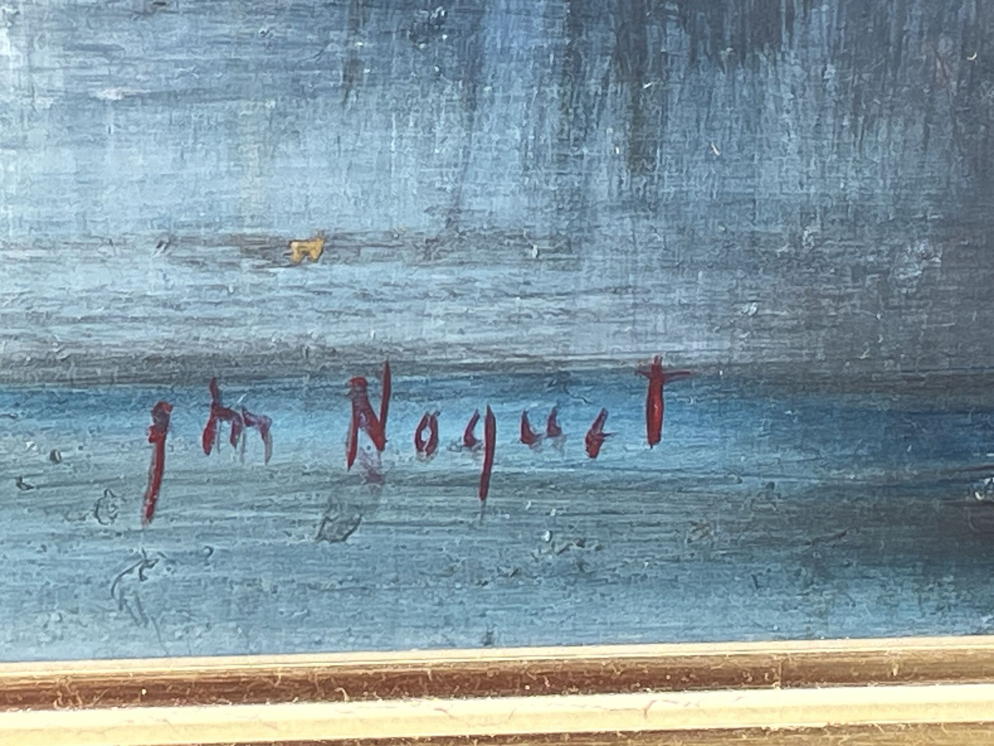 Huile sur panneau marine animée, bateaux amarrés signé Noquet