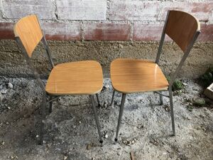 paire De chaises Pieds Compas Métal Chromé Avec Formica Marron Années 70 Vintage