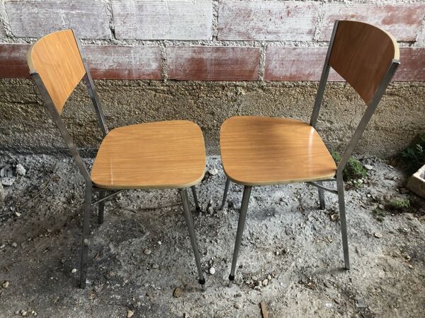 Paire de chaises pieds compas métal chromé avec formica marron années 70 vintage