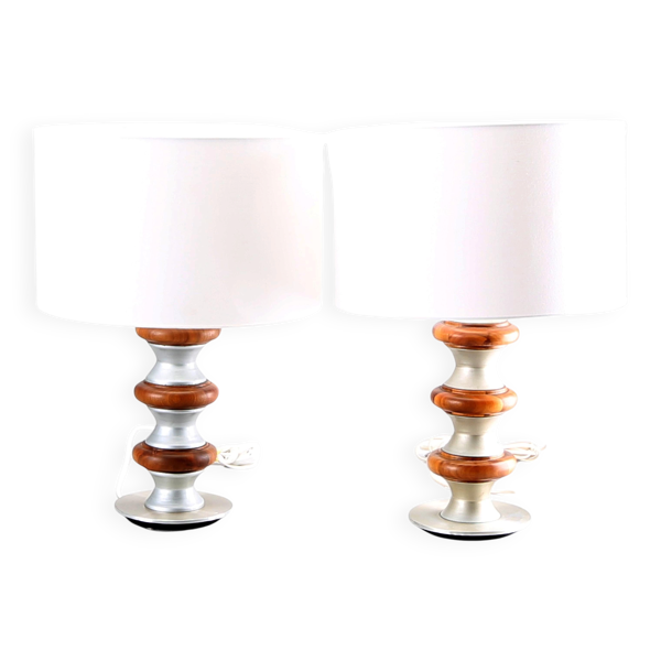 Paire de lampes de table rares en bois et métal, Suède, 1970