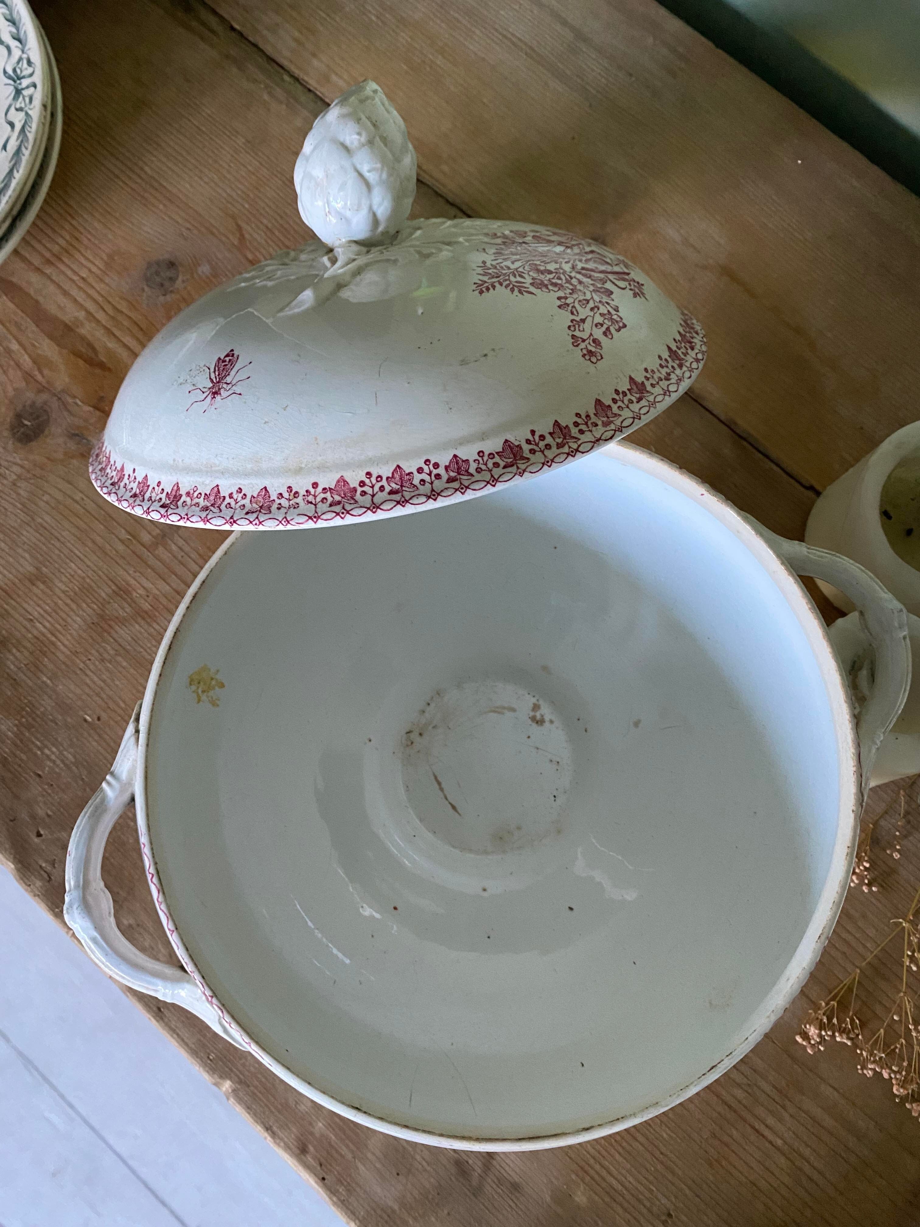 Pink ironstone soup tureen with rustic motif, floral butterflies and bees
