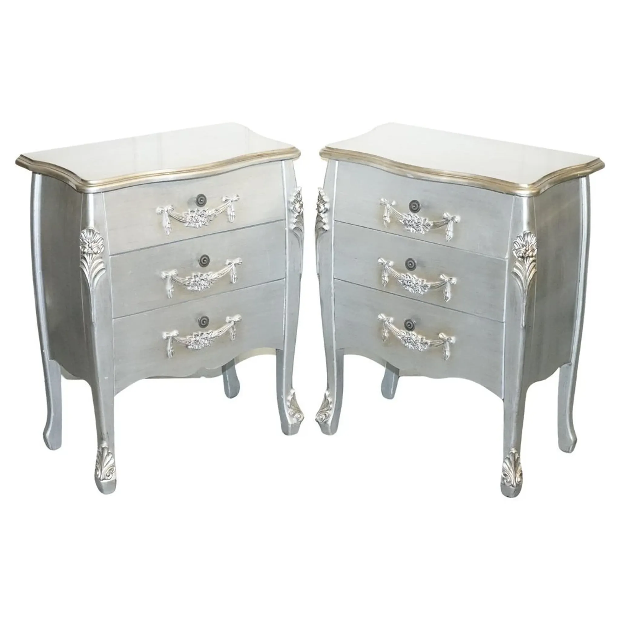 Baroque Grey Silver 3-Drawer Bedside Tables, Set of 2