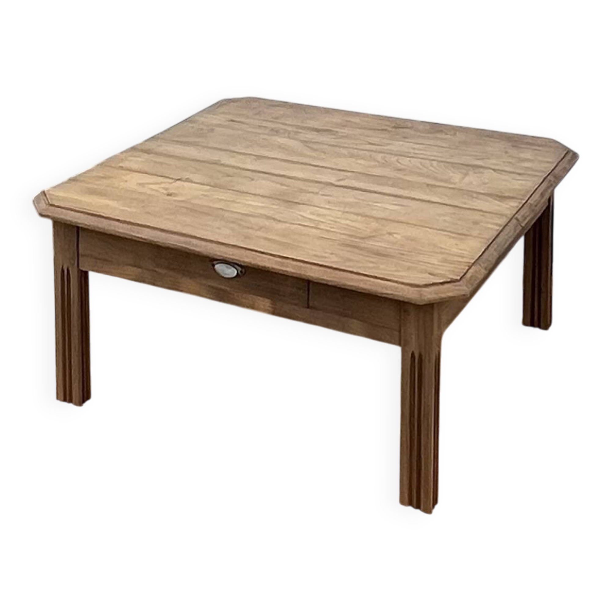 Large antique square coffee table with 1 drawer in solid raw wood