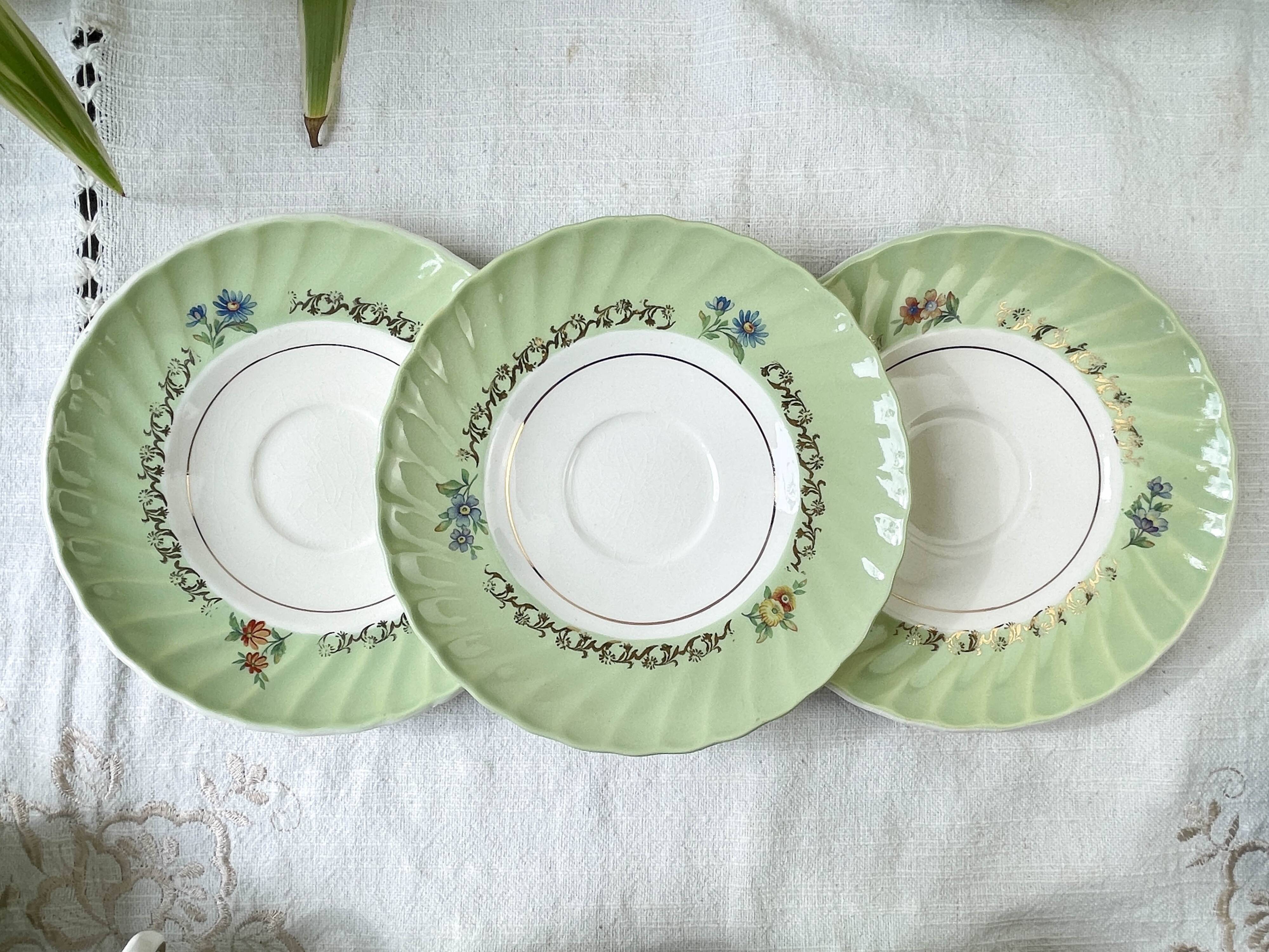 Vintage tea/coffee set in white, green and gold porcelain by SALINS, made in France