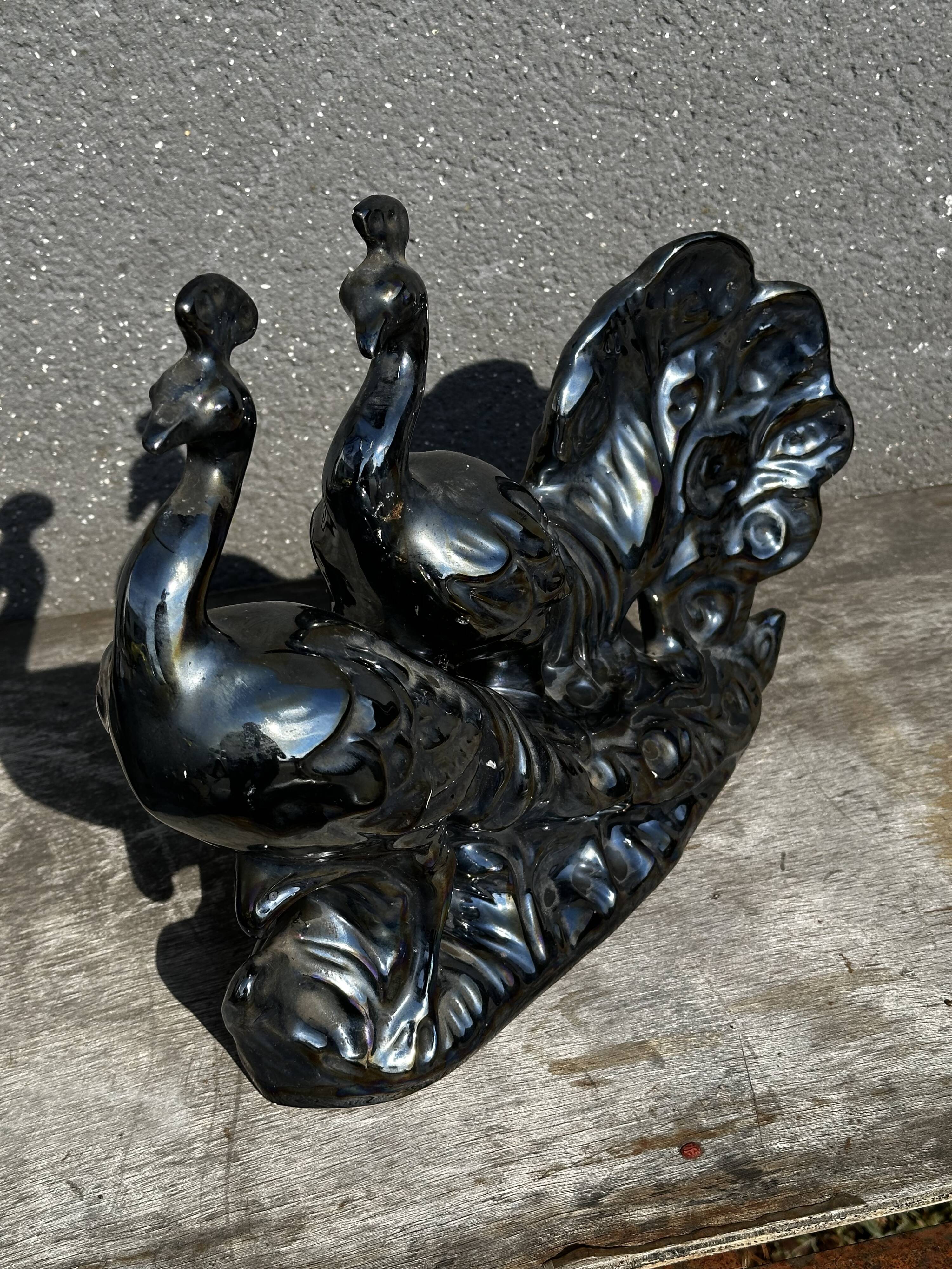 Centerpiece Pair of Peacocks Ceramic Vallauris Iridescent Anthracite Grey