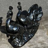 Centerpiece Pair of Peacocks Ceramic Vallauris Iridescent Anthracite Grey