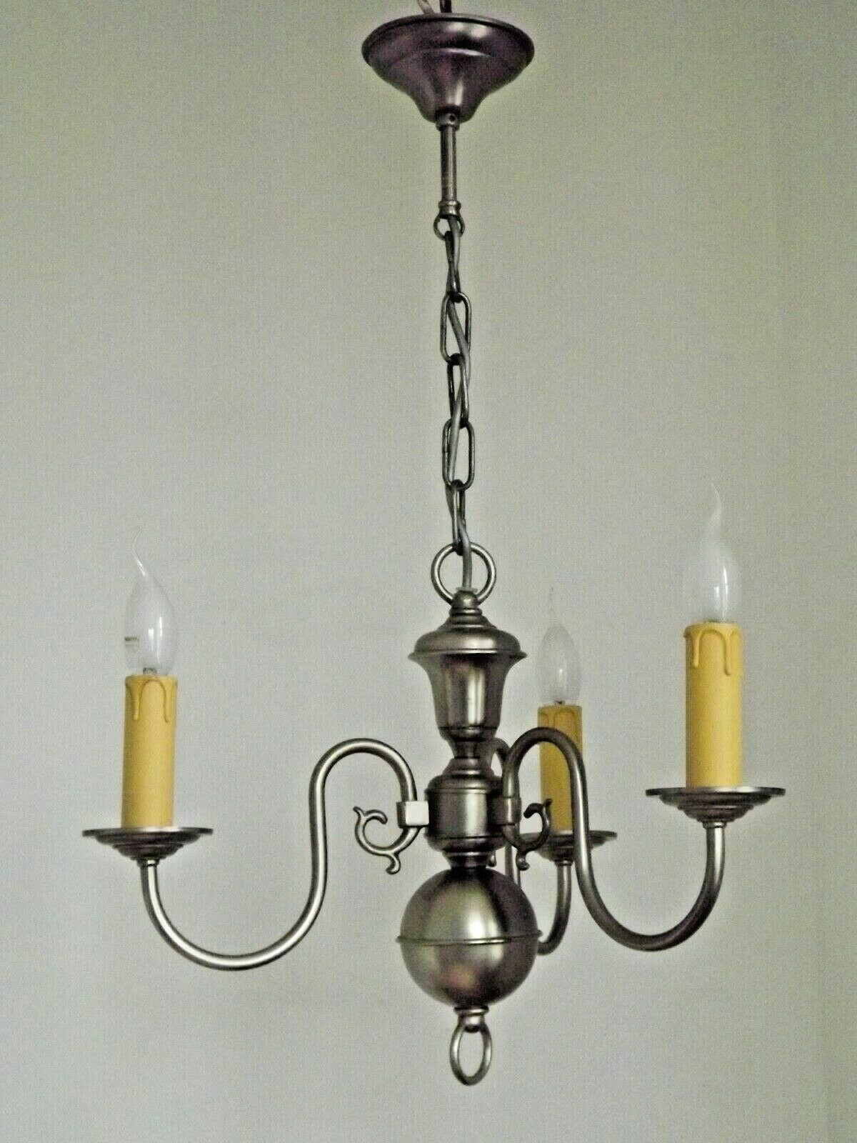 Vintage french 3 light silver brushed satin flemish chandelier