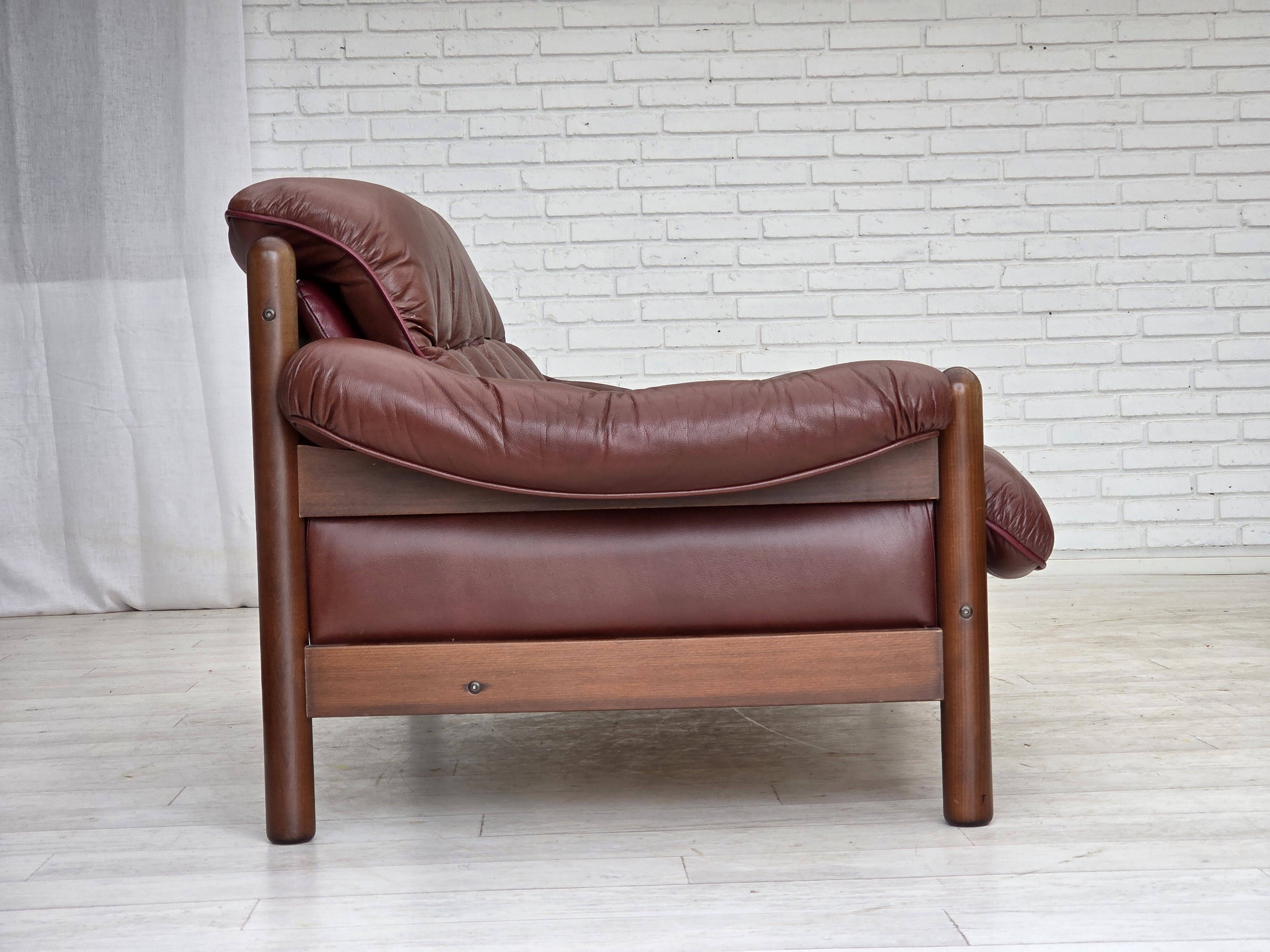 1970s, 2-seater Swedish sofa, brown leather with patina, dark beech wood.
