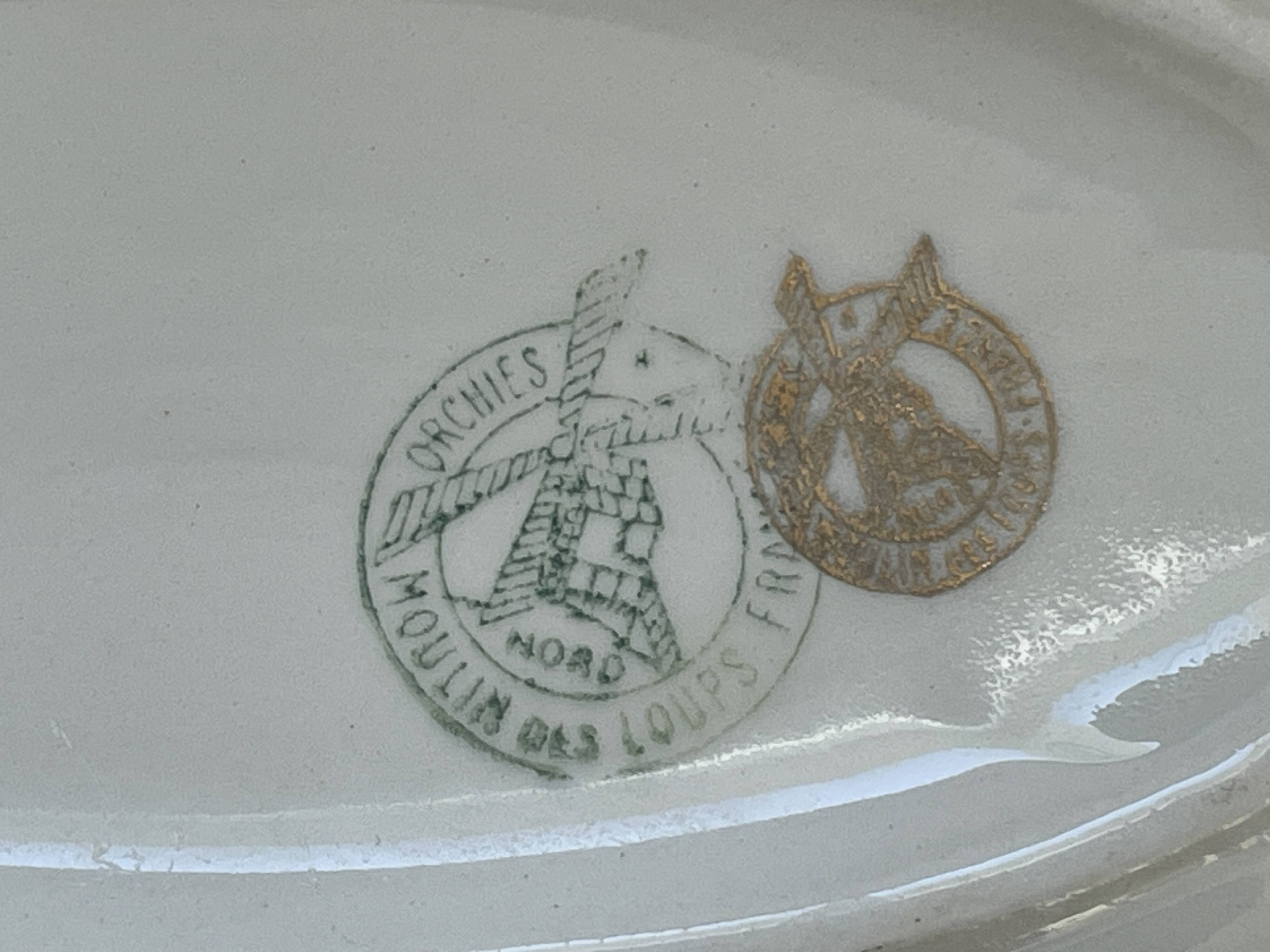 Antique oval plate Moulin des Loups Orchies – grey and gold floral decoration