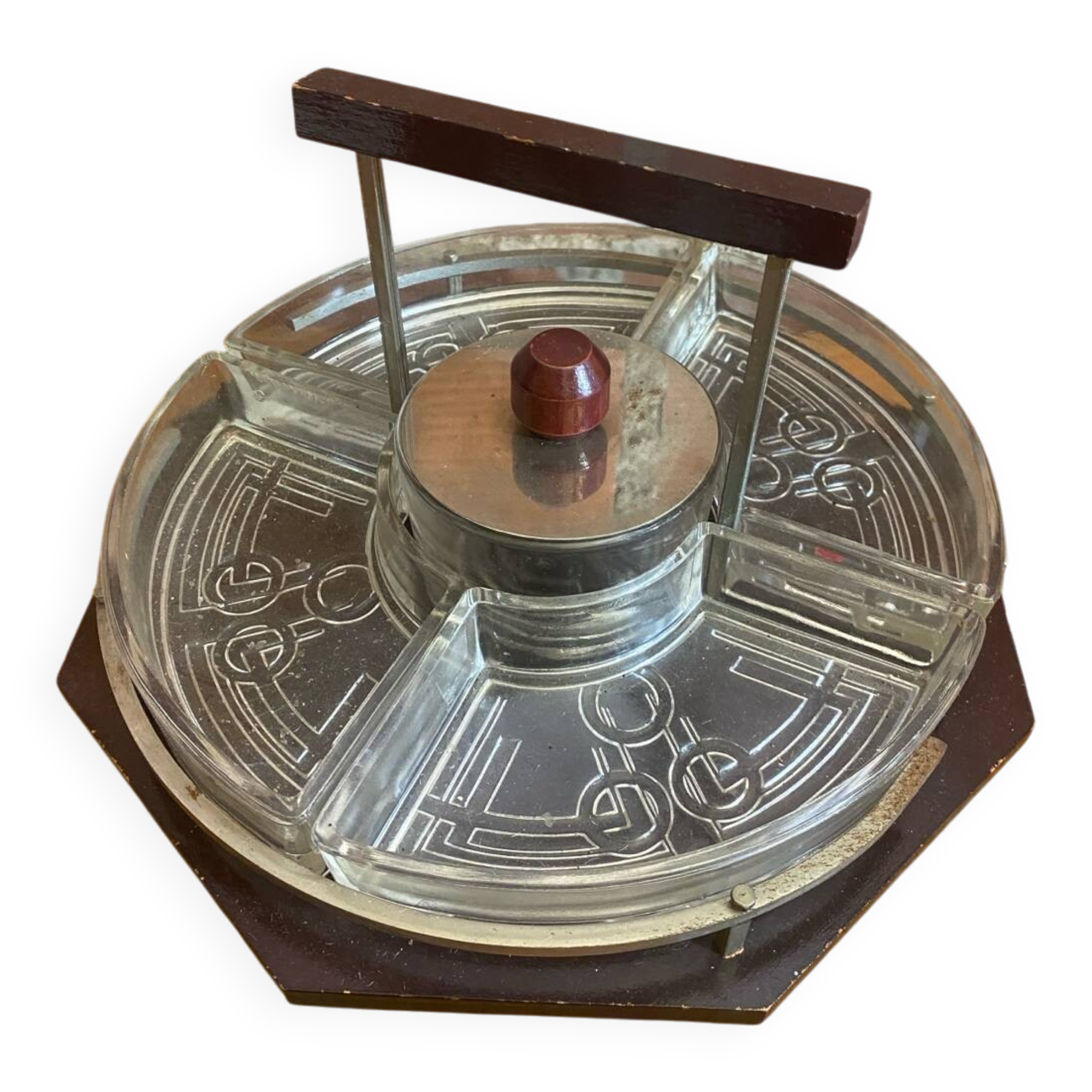 Serving Tray Wood & Chrome + Molded Glass Bowls Kitchen Wine
