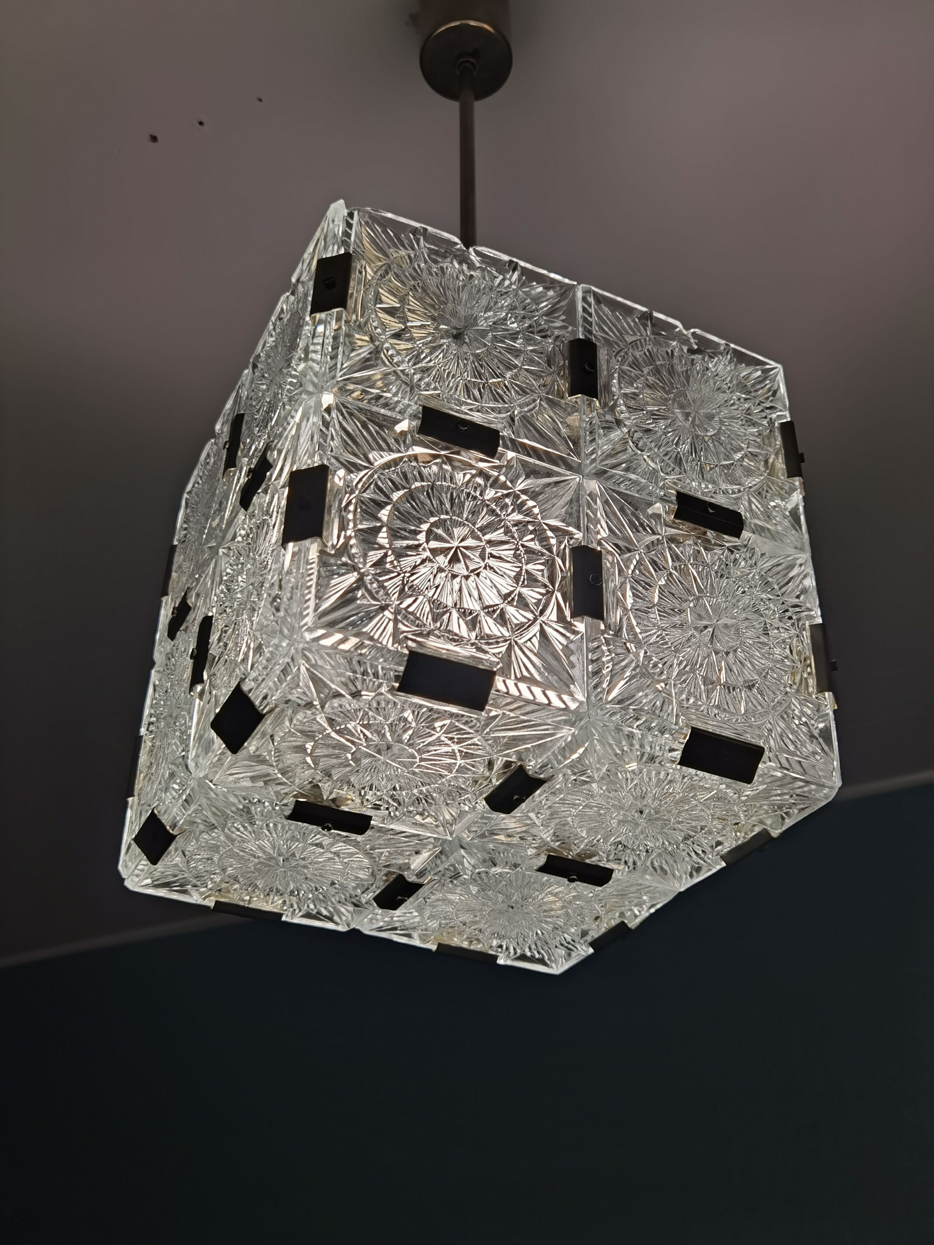 Glass faceted cube chandelier by Jaroslav Bejvl for Kamenicky Senov, year 1968