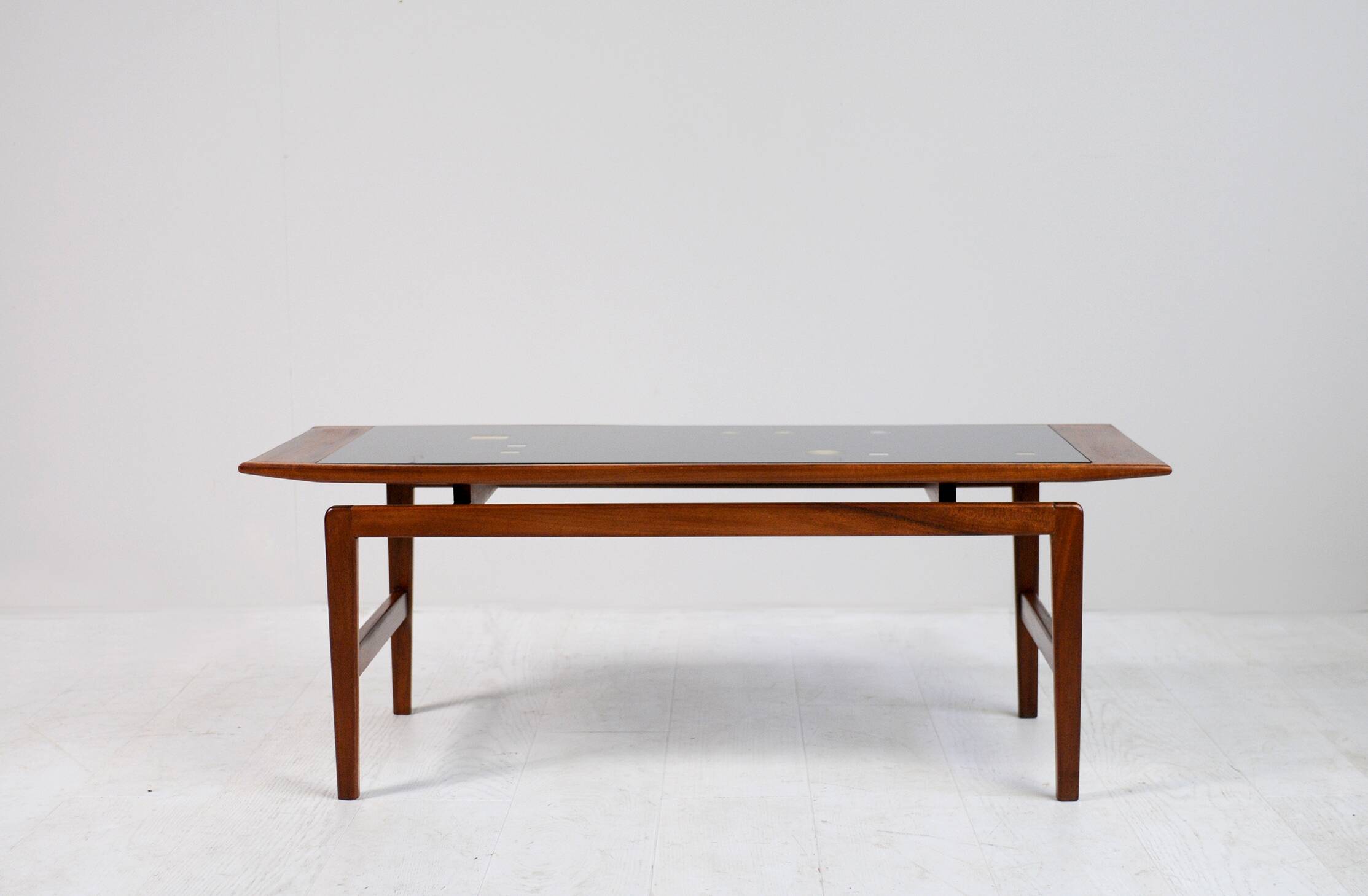 Teak and frosted glass coffee table, Italy 1960.