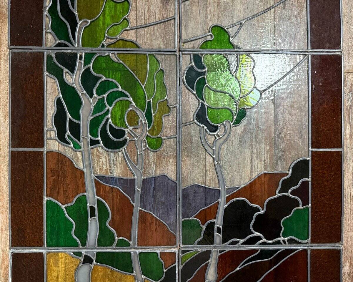 Ancient stained glass landscape decoration – Trees and hills – Early 20th century
