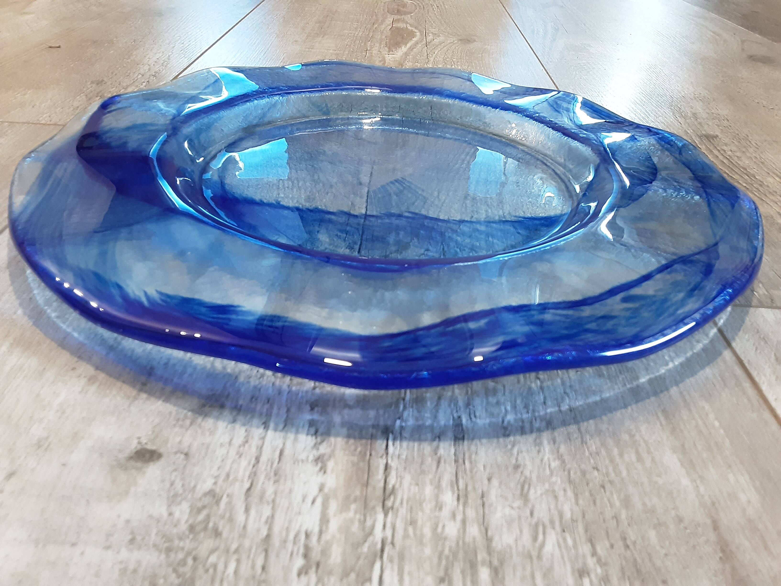 Large round blue crystal dish