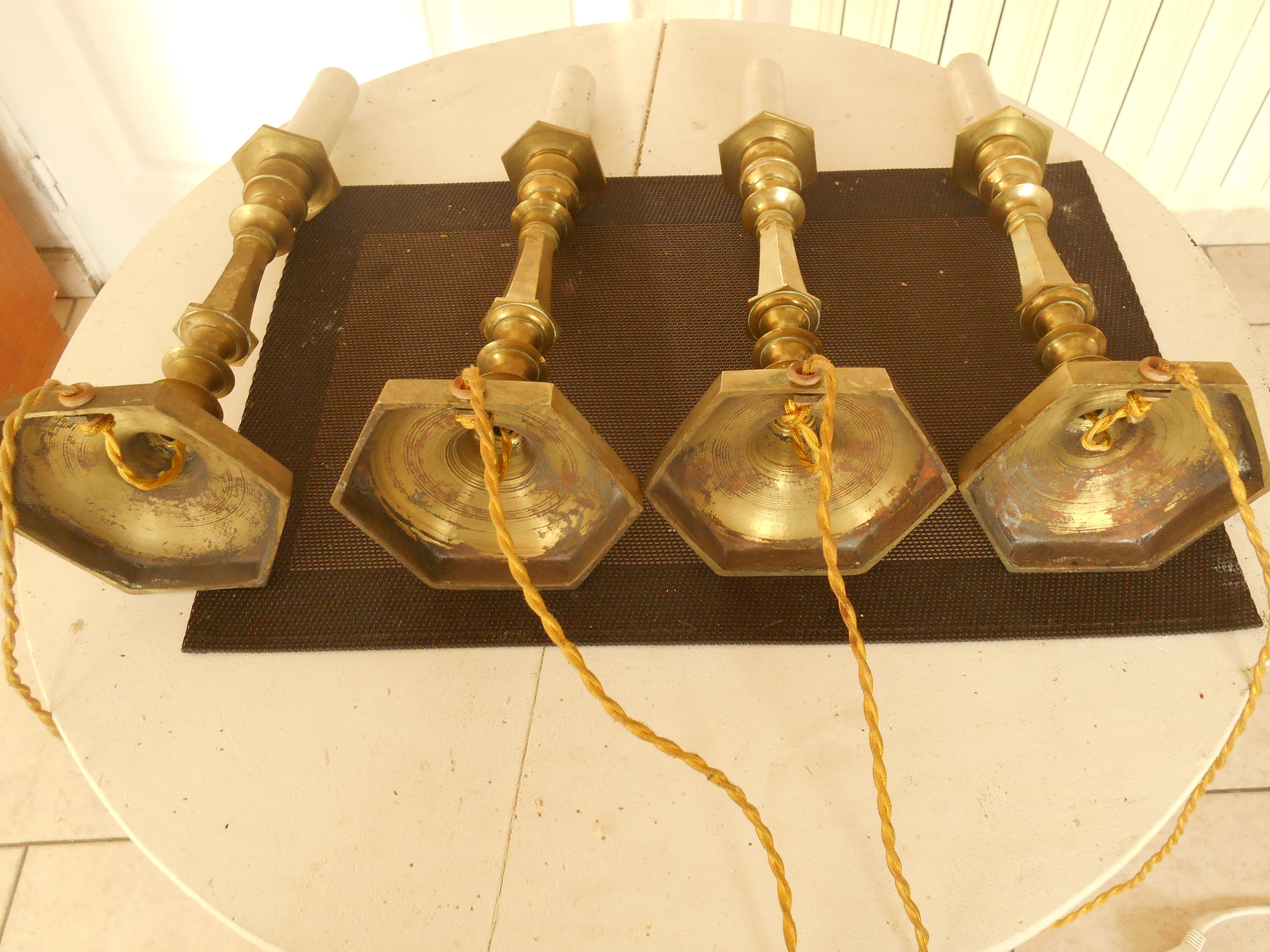 Set of four old electrified brass chandelier