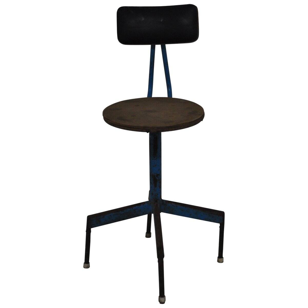 Mid-century industrial chair in metal, leather, and multicoloured wood from the 1960s.