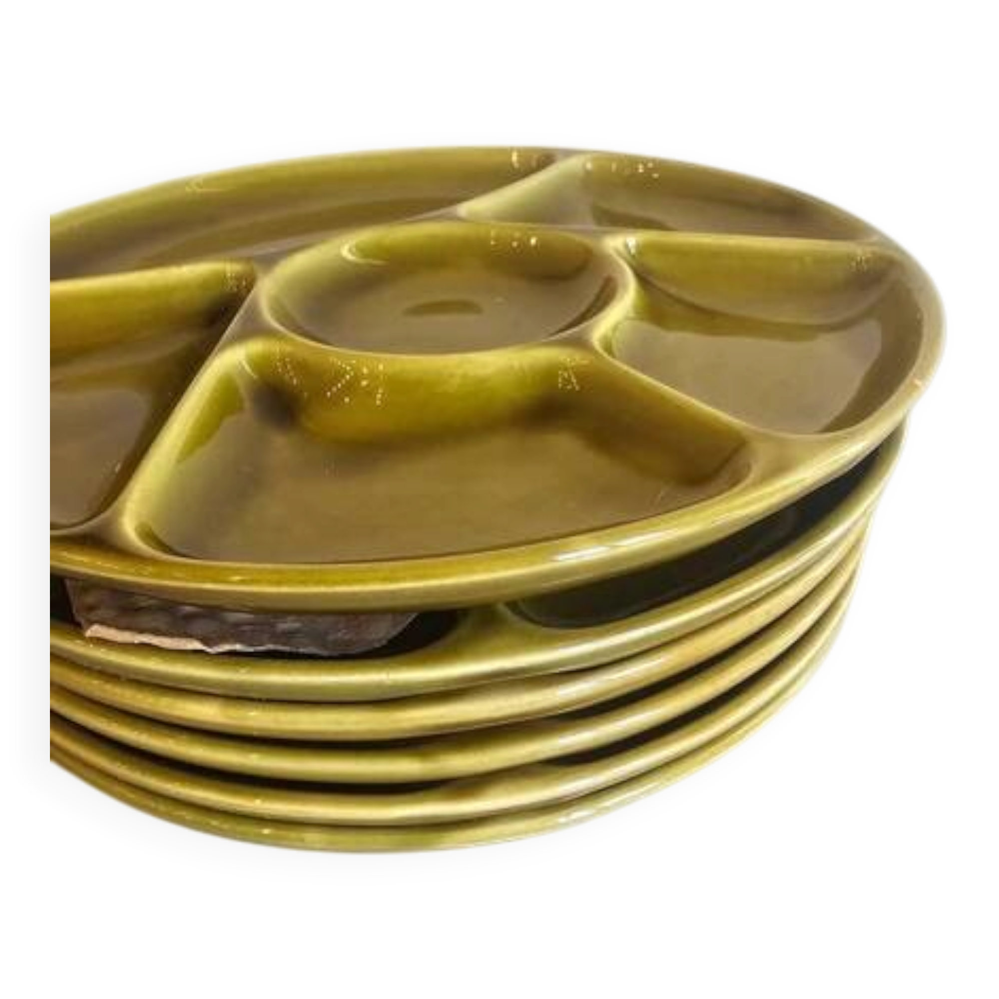 Set of 6 Gien green earthenware compartment plates with original box - Fondue & stone grill