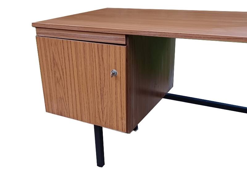 Modernist desk with double drawers in formica and metal, 1960.