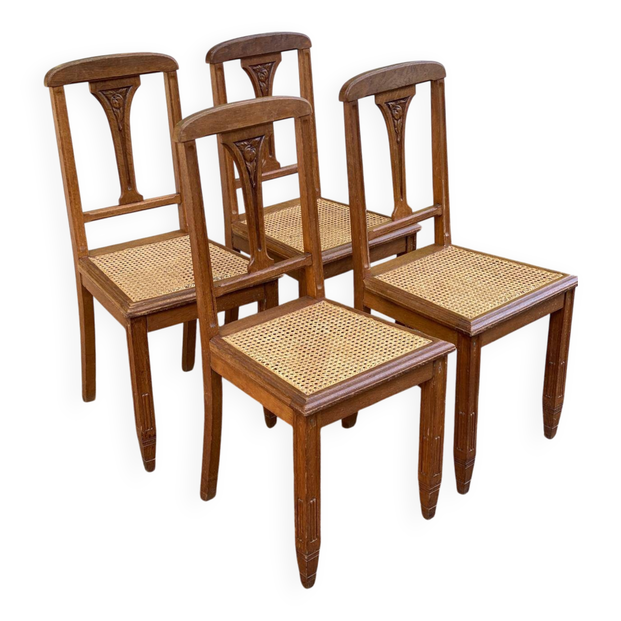 4 Art Deco chairs, solid oak, caned, 1950s.