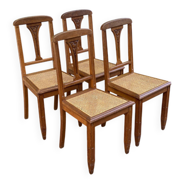 4 Art Deco chairs, solid oak, caned, 1950s.