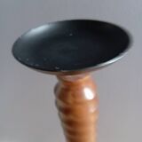 Vintage turned wooden candle holder, black metal candle base