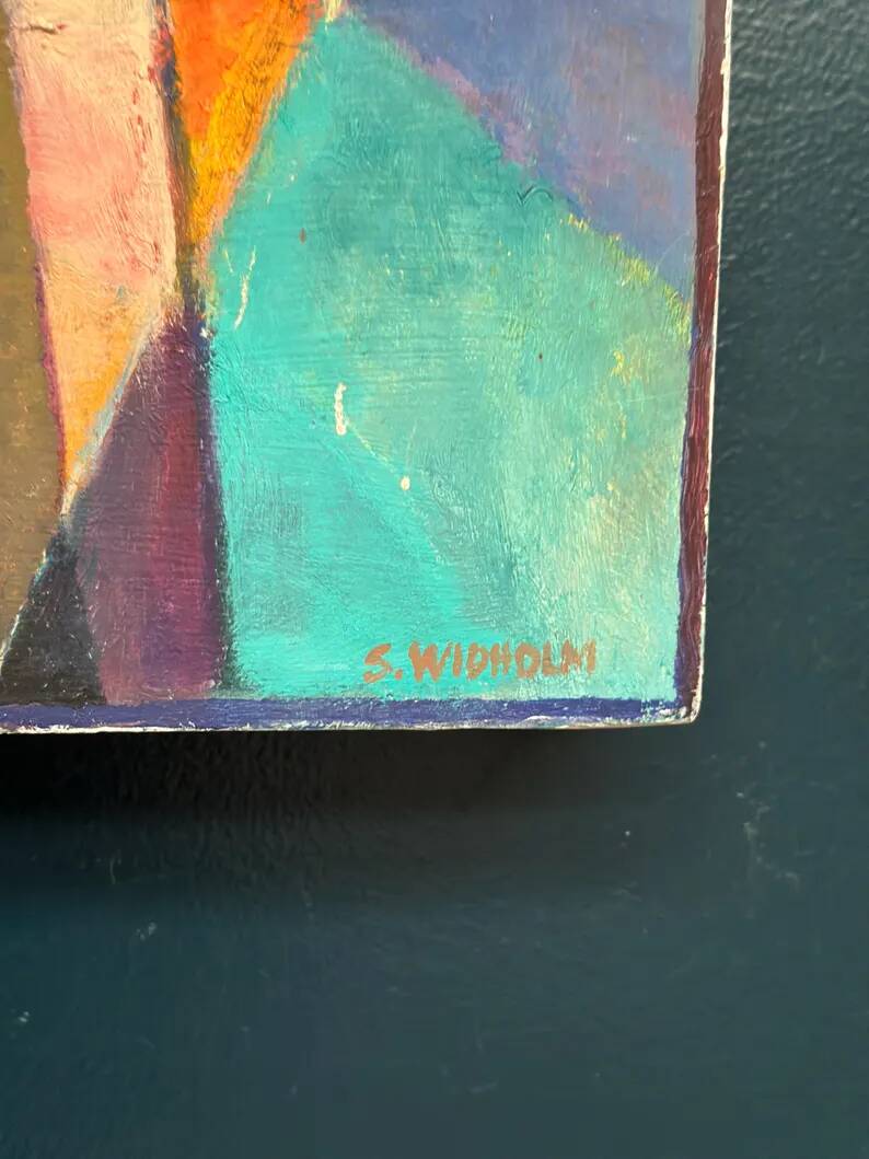 Oil on Swedish panel – 'Geometric Composition' by Stellan Widholm – Signed – vintage and framed – 35 × 32 × 5 cm