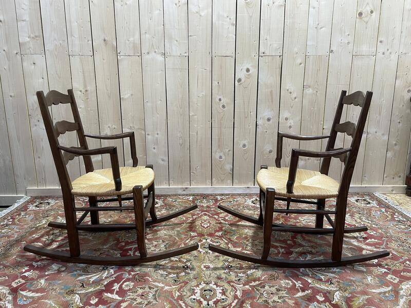 Paire de fauteuils pailles rustiques à bascule - rocking-chair chair