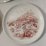 Set of 3 mismatched flat plates - red/burgundy decorations - deer and hare