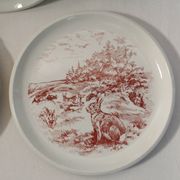 Set of 3 mismatched flat plates - red/burgundy decorations - deer and hare