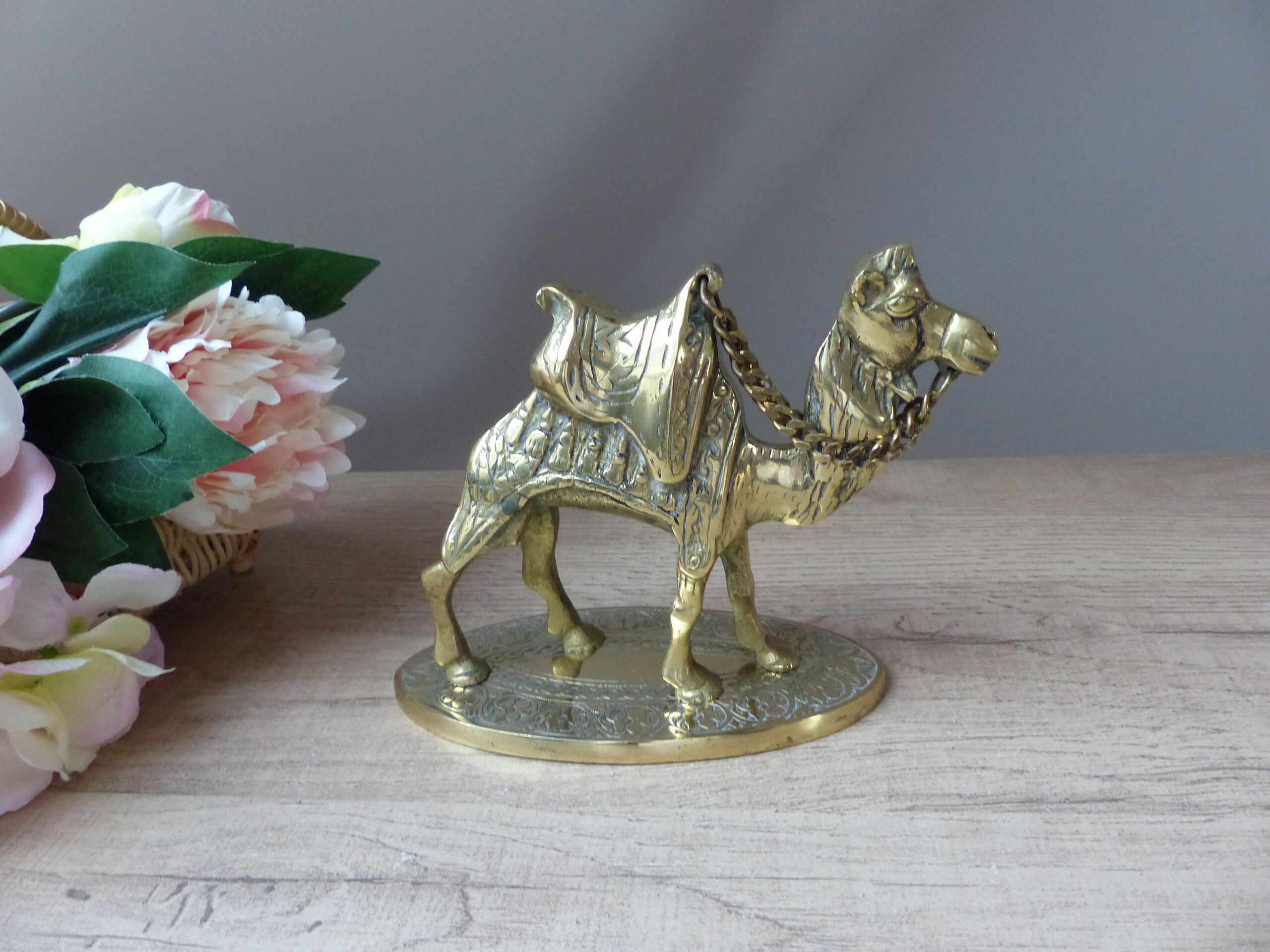 Sculpture brass camel figurine on pedestal vintage