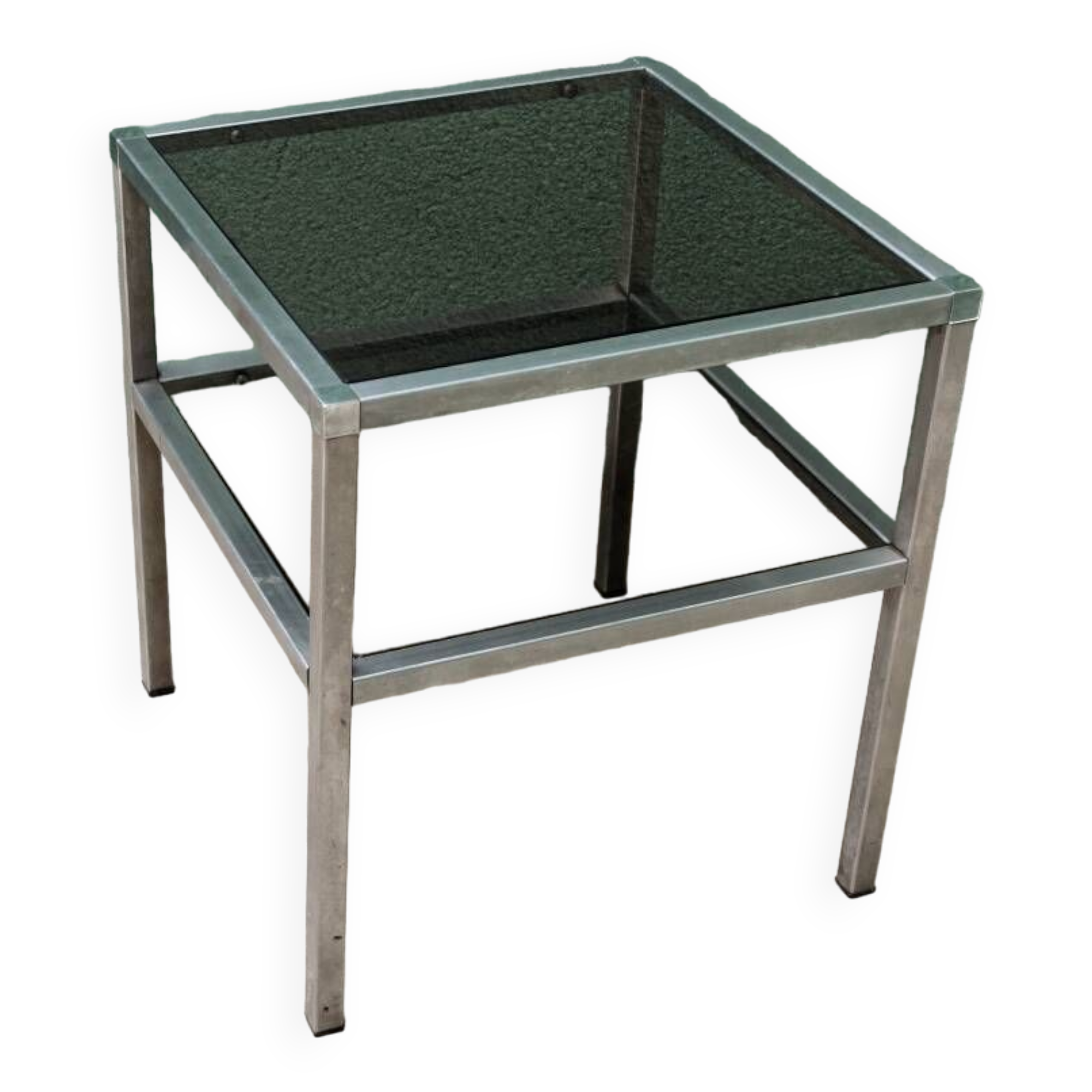 End table, chrome metal and smoked glass coffee table