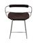 Contemporary bar stool with a weathered silver metal backrest and dark brown leather.