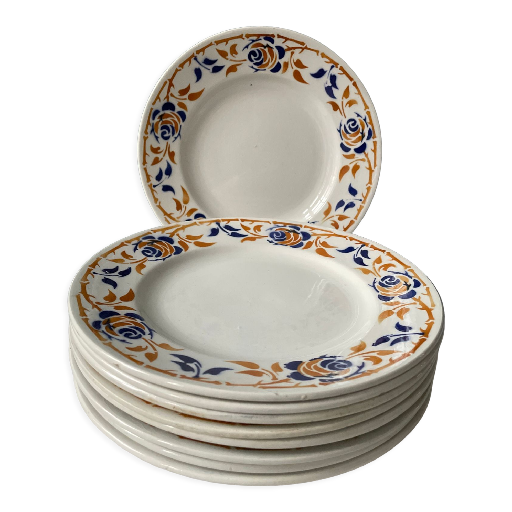 Set of 9 flat earthenware plates Terre de Fer Moulin des Loups, model "Dijon"