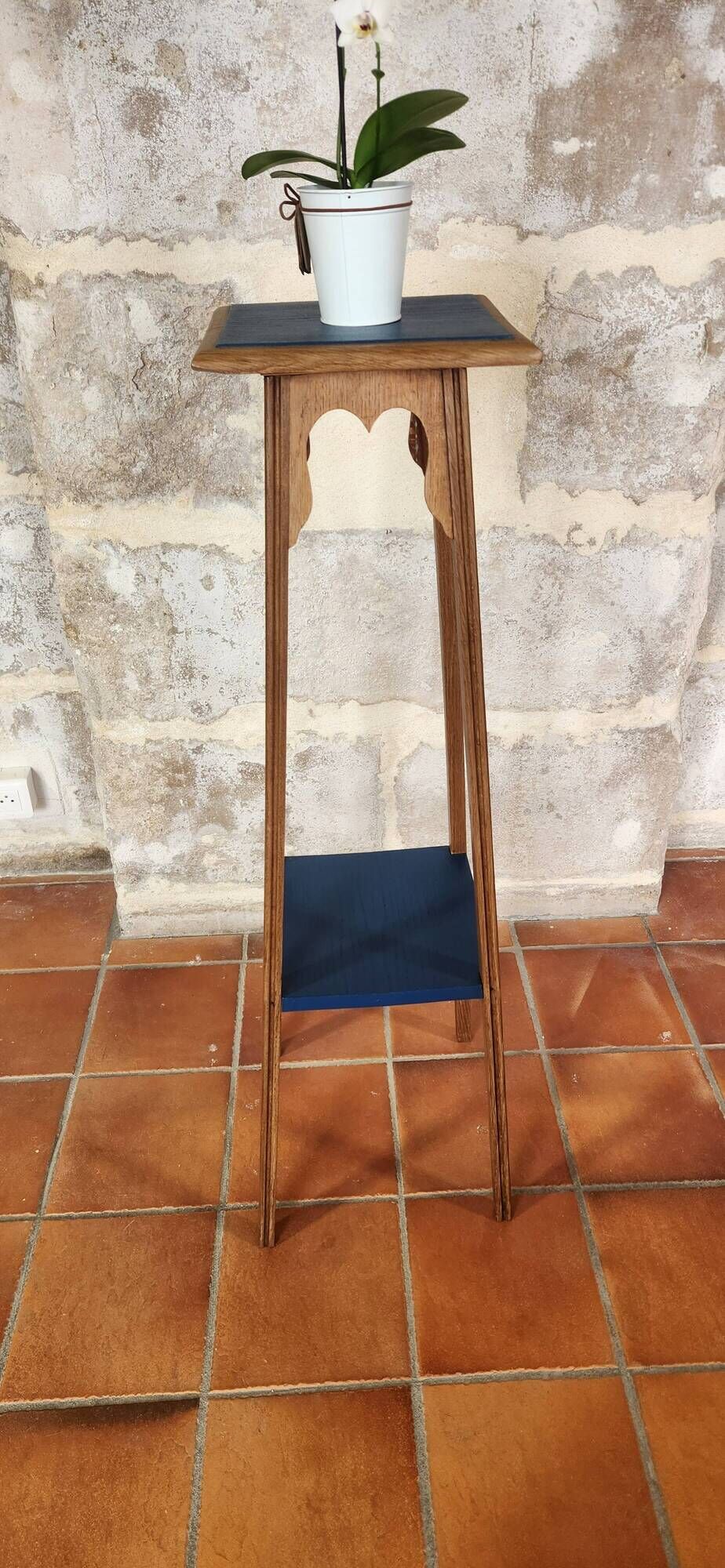Deep Blue Wood Side Table with 2 Shelves Renovated