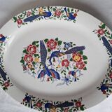 Large oval white ceramic dish, decorated with peacocks and vintage flowers