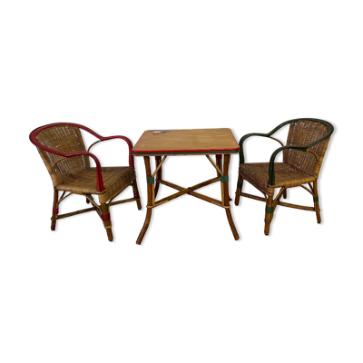 Ensemble table et fauteuils salon en rotin enfants