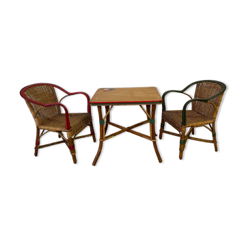 Ensemble table et fauteuils salon en rotin enfants