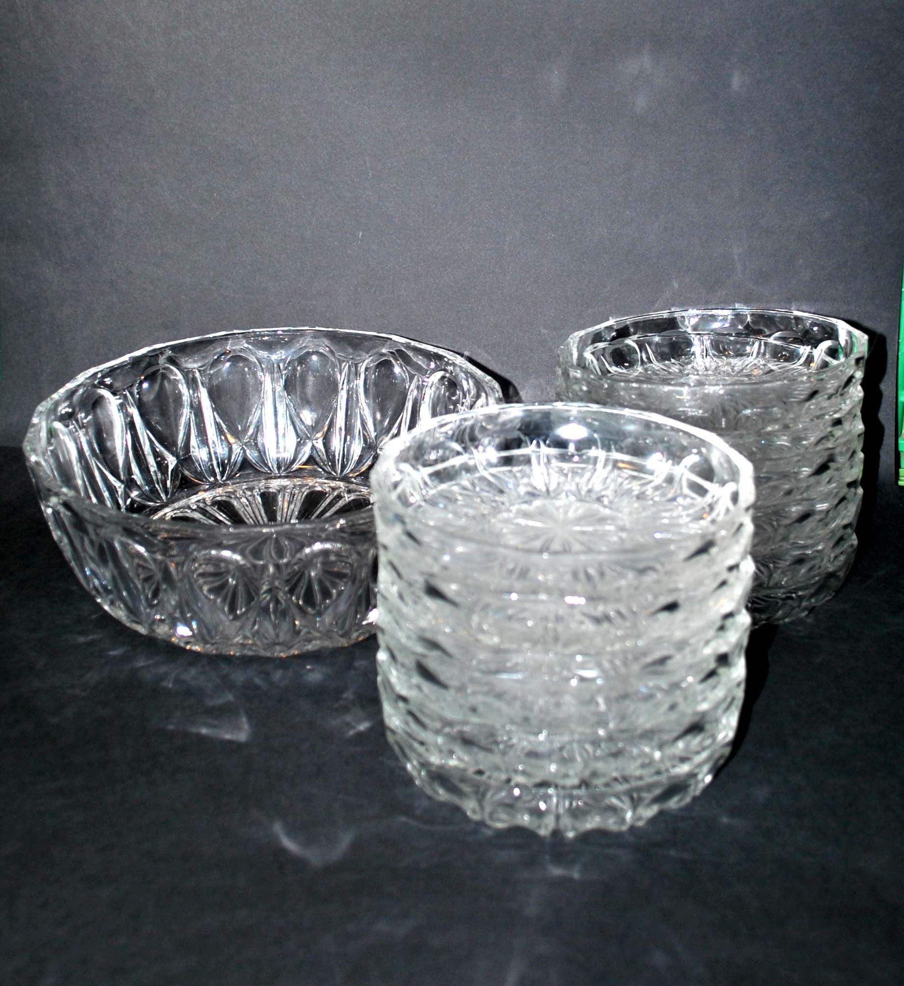 Vintage dessert set - salad bowl and 12 cups in retro pressed-molded glass 1950