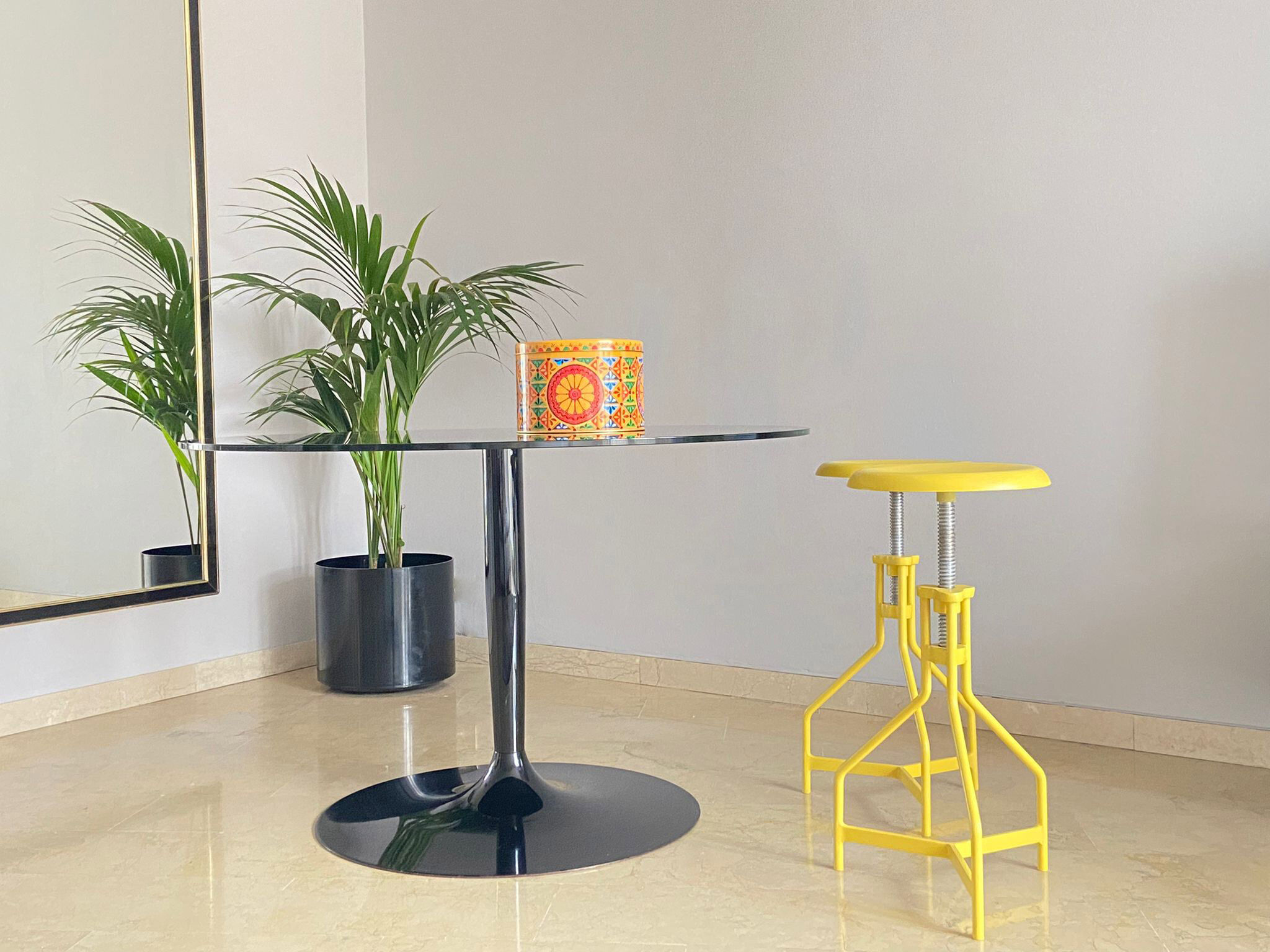 Pair of yellow lacquered metal stools, Restaurati, Italy 70's