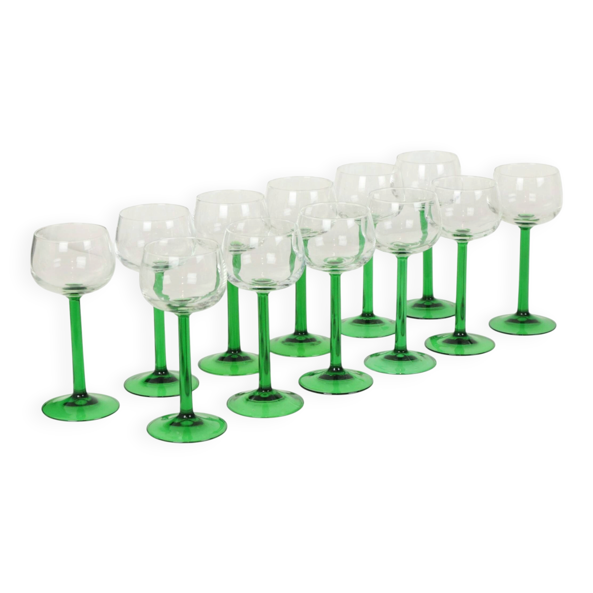 Set of 12 Vintage Luminarc Alsace Wine Glasses Thick Green Stems