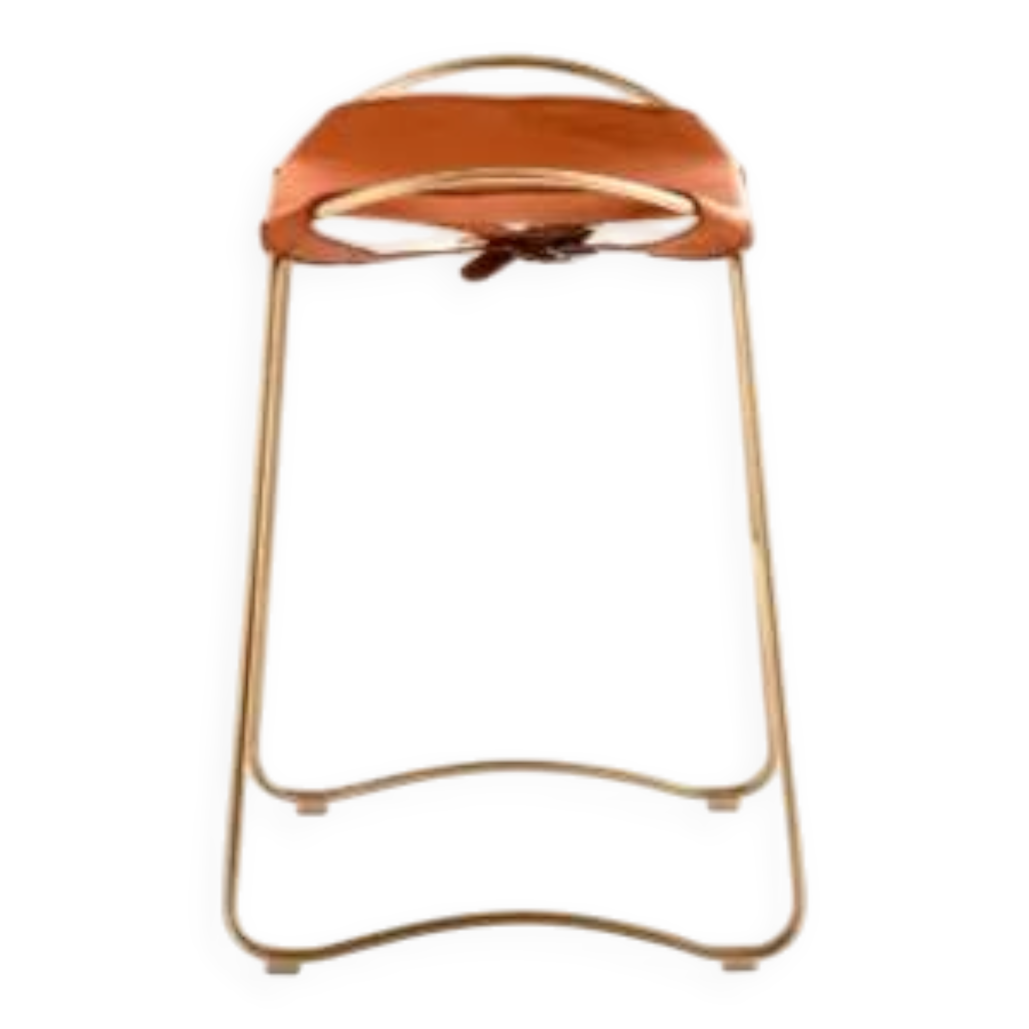 Contemporary kitchen bar stool in aged brass metal and tan leather.