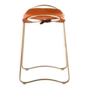 Tabouret de barre de cuisine contemporain en métal de laiton vieilli et cuir tan