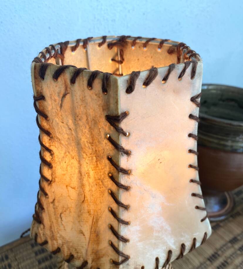 Wooden lamp, new fabric cable, cardboard lampshade