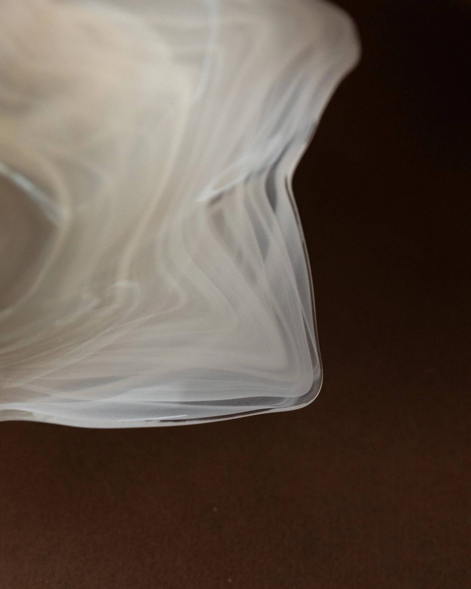 Vintage Murano glass bowl, flower-shaped centerpiece with transparent glass and white streaks, Italian 1980s