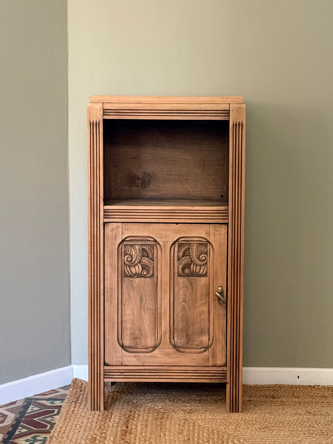Small Art Deco jam cabinet in carved blonde oak