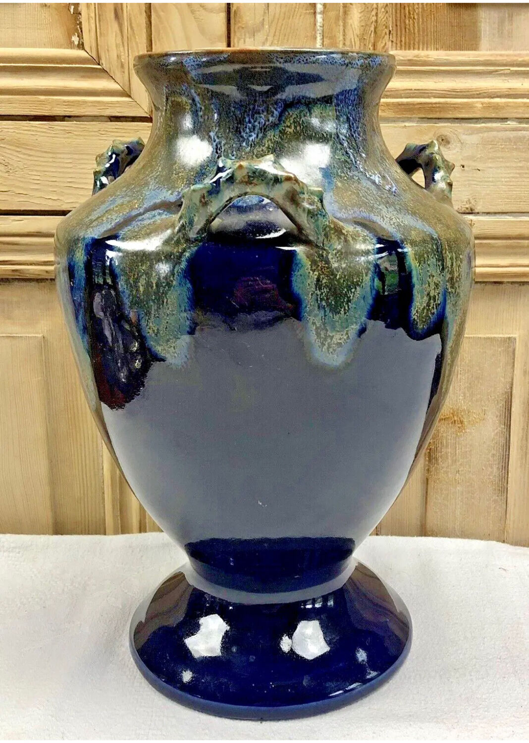 Old large sandstone vase signed Maure Lebret de Ligers Puisaye triple handles